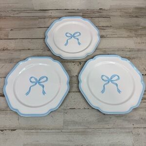 Shabby Chic Blue Bow Border Melamine Salad Plates 8.5in Set of 3 White